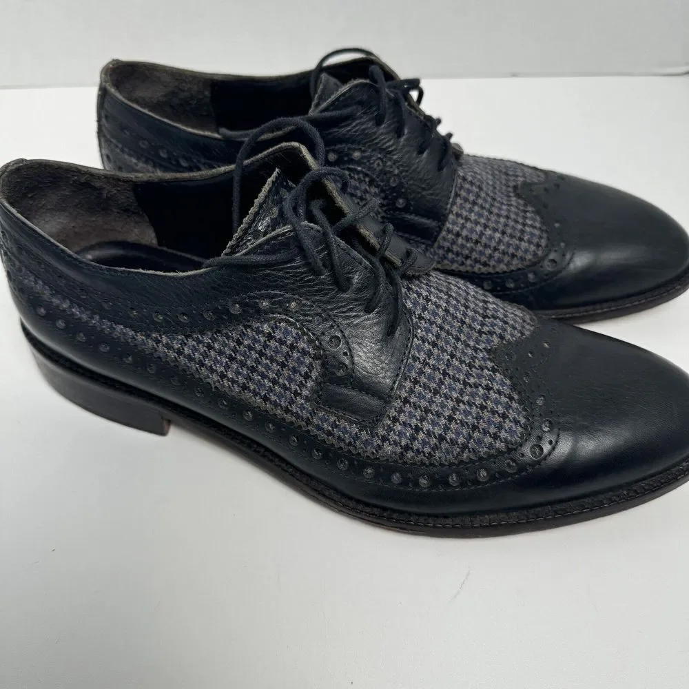 Paul Frederick Art Check Wing Tip Blue Leather Shoes 8M #FFK115D‎